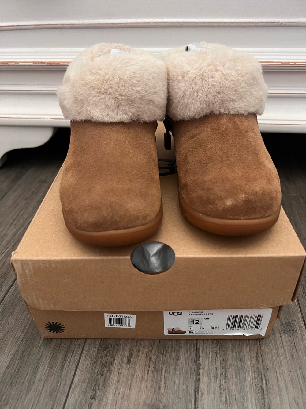 UGG Chestnut Suede Shearling Backless Clog Slippers with Cream Cuff